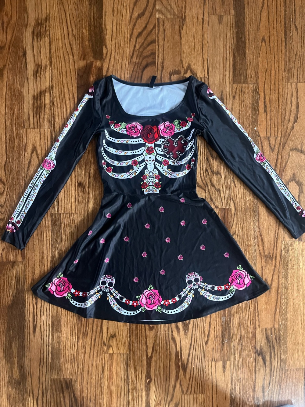 Divided Black Long-Sleeve Skull & Rose Skater Dress